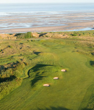 Aerial view of the sand bunkers and thick rough at West Lancashire Golf Club