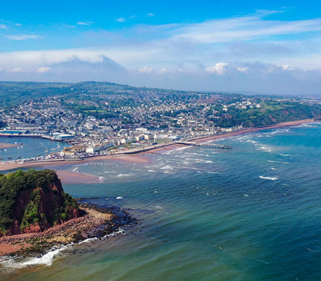 The Devon coastline from a distance, viewed from the sky