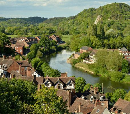 Aerial view of the edge of Bridgnorth town where it meets the River Severn